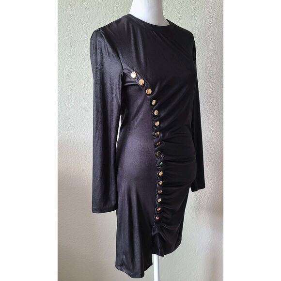 Karina Grimaldi‎ Asymmetrical Black Bodycon Mini Dress Size Medium Gold Buttons - Picture 3 of 12